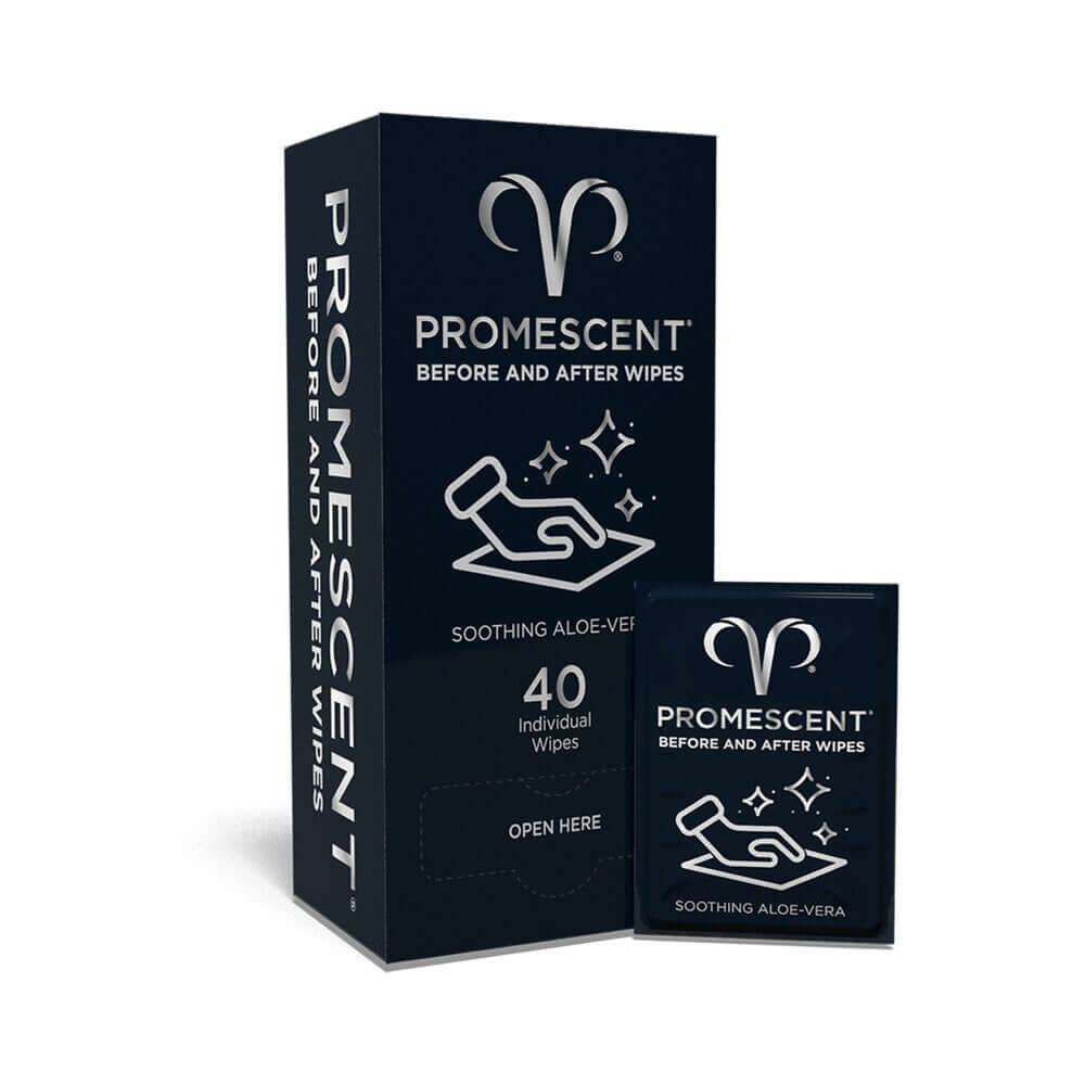 Promescent Before & After Individual Wipes 40-Pack packaging with soothing aloe vera for intimate hygiene.