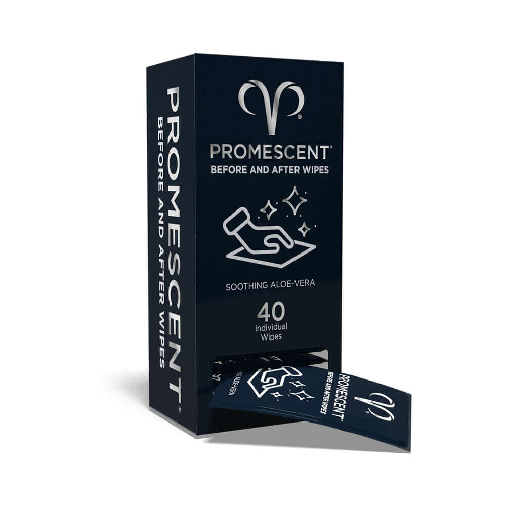 Promescent Before & After Individual Wipes 40-Pack packaging featuring soothing aloe vera.