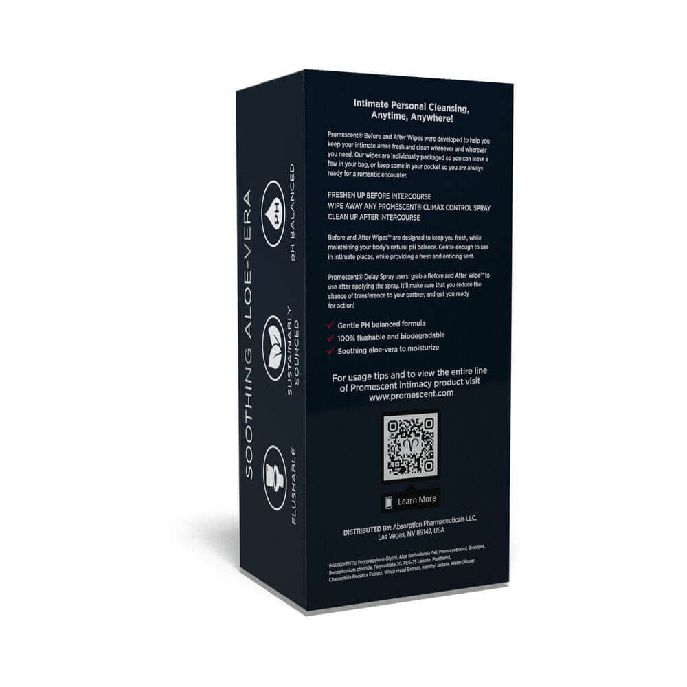 Promescent Before & After Individual Wipes 40-Pack packaging for personal hygiene solution, featuring soothing aloe vera.