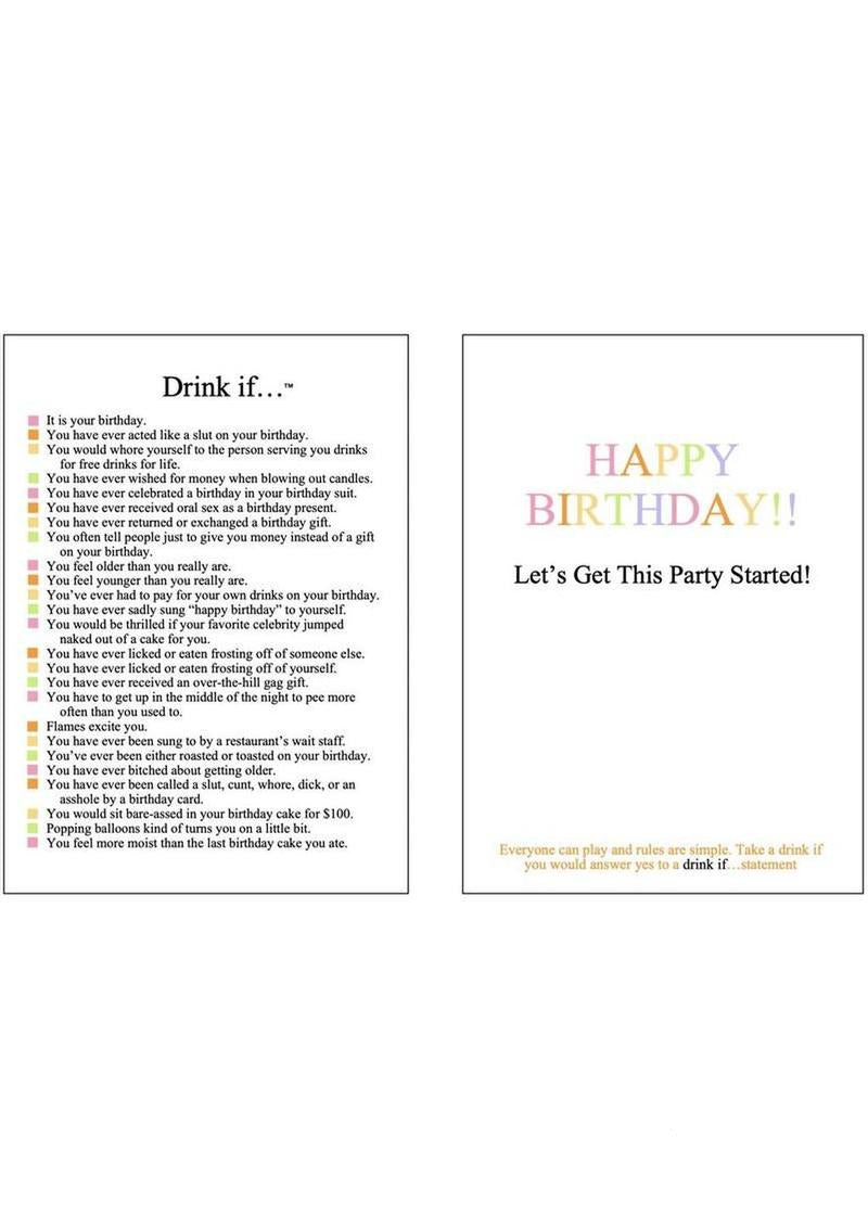 Greeting Card Drink If Card Game features dares and birthday message for party fun.
