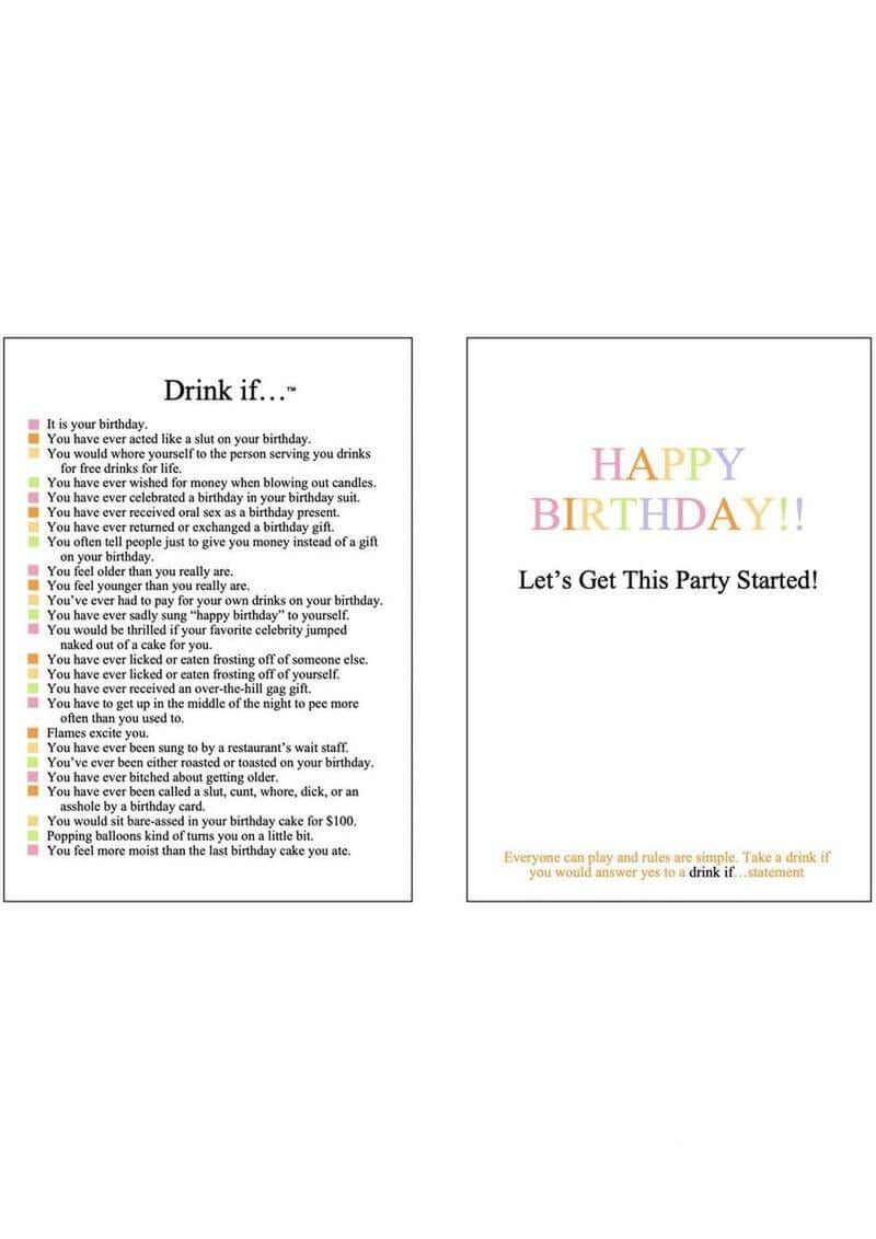 Greeting Card Drink If Card Game features dares and birthday message for party fun.