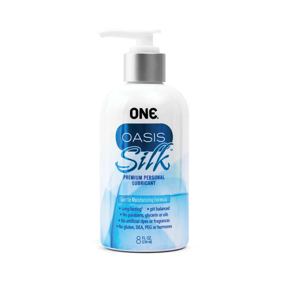 ONE Oasis Silk Hybrid Lubricant 8 Oz bottle with pump, premium personal lubricant for intimate use.