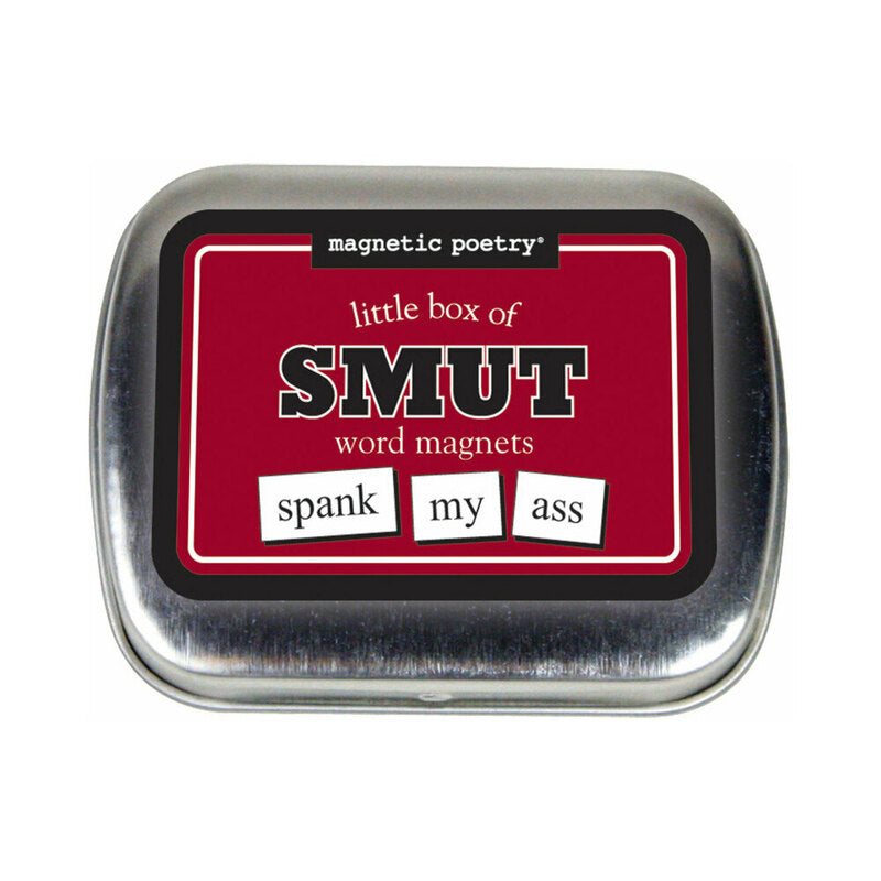 Magnetic Poetry Little Box of Smut Word Magnets tin packaging with playful naughty words.