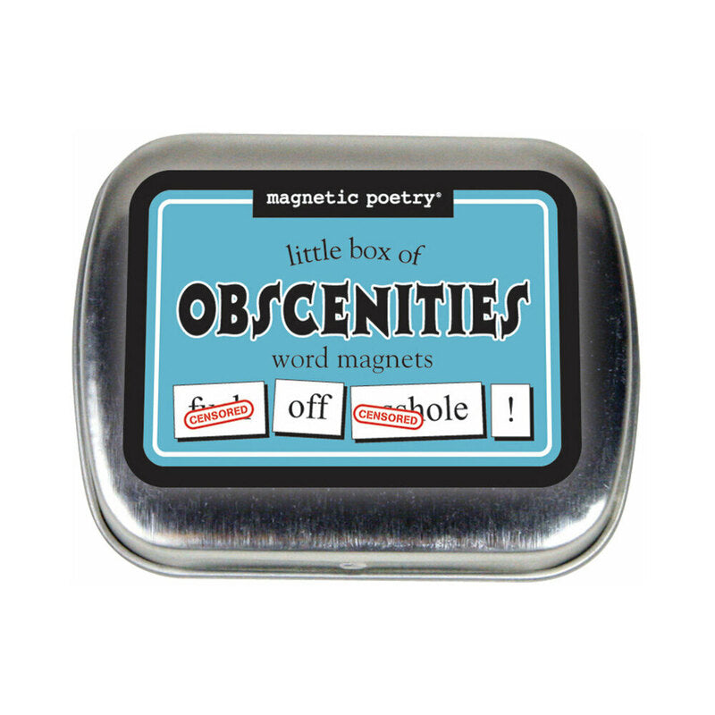 Magnetic Poetry Little Box of Obscenities Word Magnets tin with bold cheeky words for creative expression.