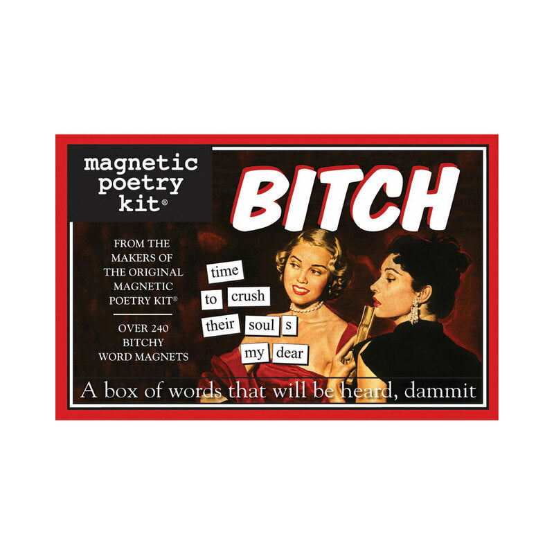 Magnetic Poetry Kit Bitch Edition packaging with bold text and playful design featuring word magnets.