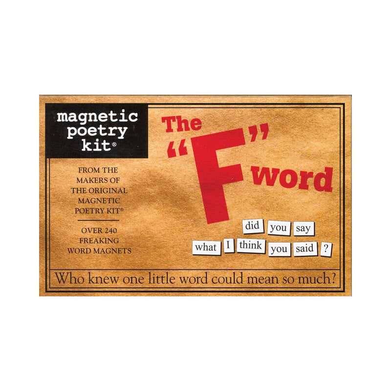Magnetic Poetry Kit The F Word packaging featuring bold red lettering and playful phrases.