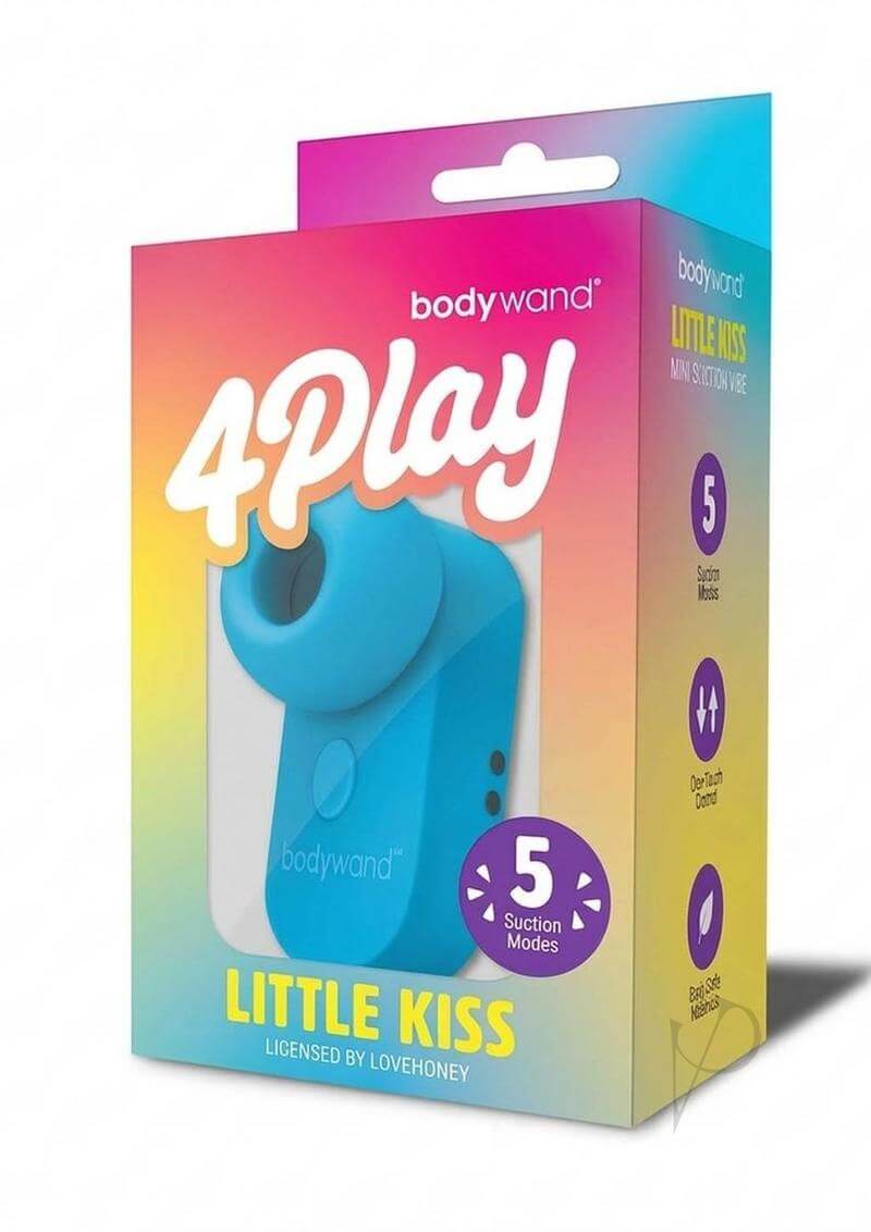 Bodywand 4Play Little Kiss Rechargeable Clitoral Stimulator Blue packaging featuring five suction modes.