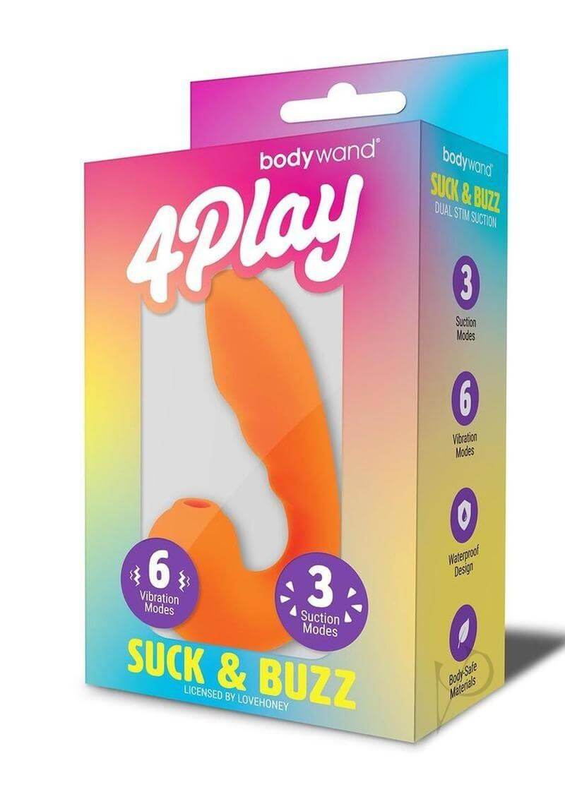 Bodywand 4Play Suck & Buzz Clitoral Stimulator Orange packaging with suction and vibration modes.