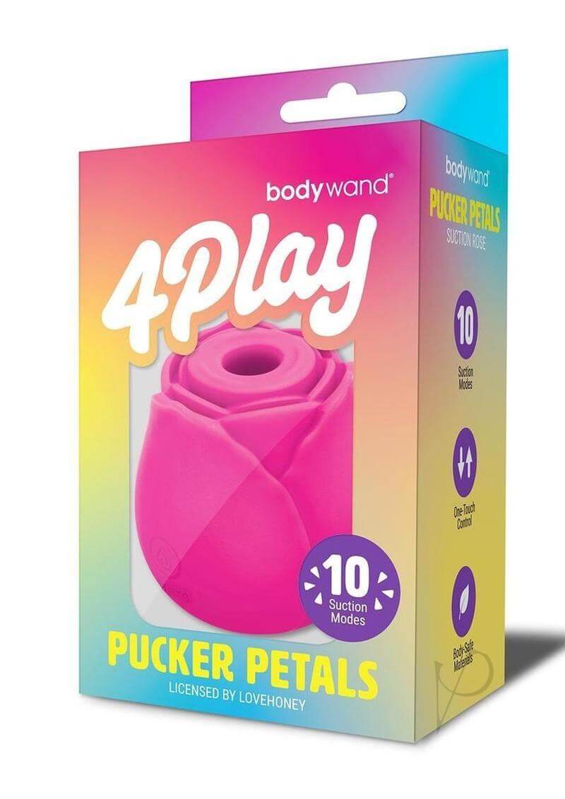 Bodywand 4Play Pucker Petals Clitoral Stimulator Pink packaging showcasing 10 suction modes.