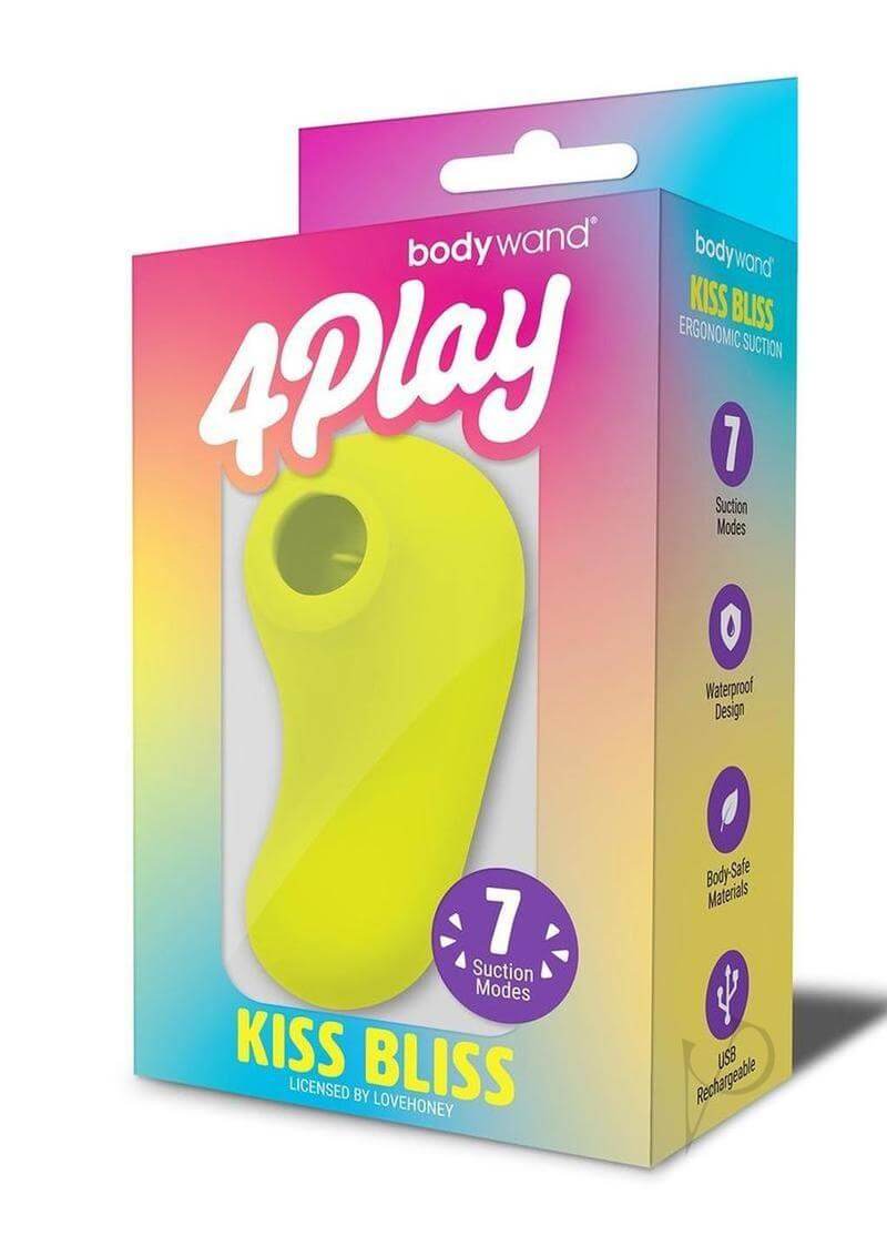 Bodywand 4Play Petite Bliss Clitoral Stimulator Yellow packaging with ergonomic design and seven suction modes.