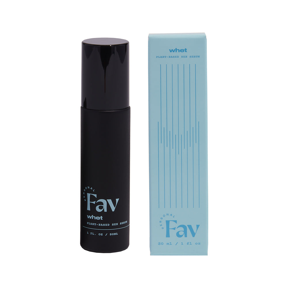 Personal Fav Whet Plant Based Sex Serum 1 Oz in a sleek black bottle with a blue packaging design.
