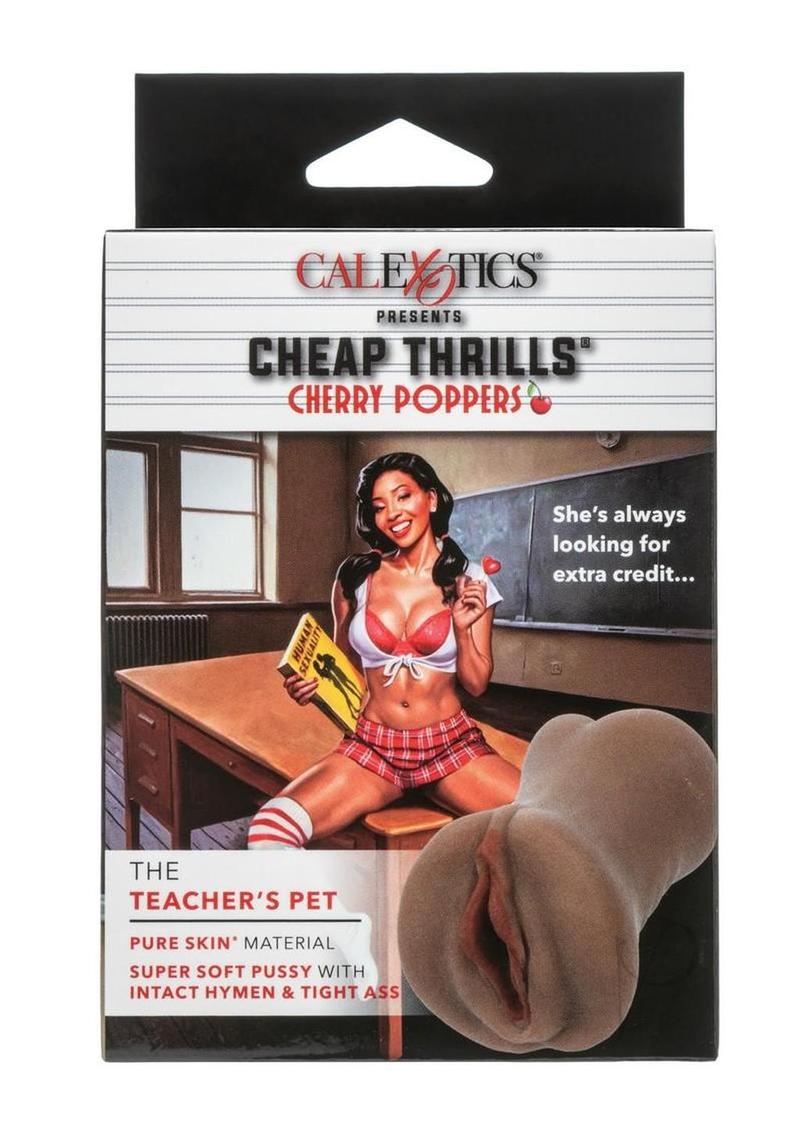 Cheap Thrills Cherry Poppers Teacher's Pet Stroker Caramel packaging with realistic stroker and playful teacher image.