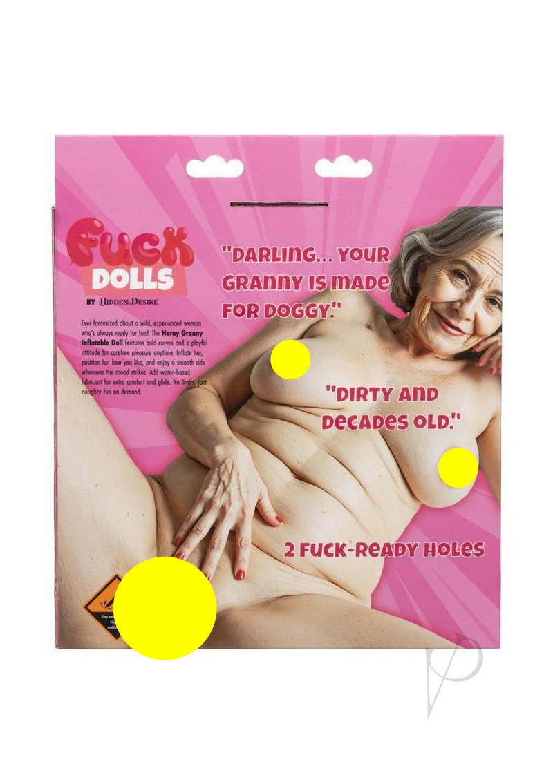 Fuck Dolls Horny Granny Inflatable Doll Vanilla packaging showcasing cheeky mature fantasy with playful design.
