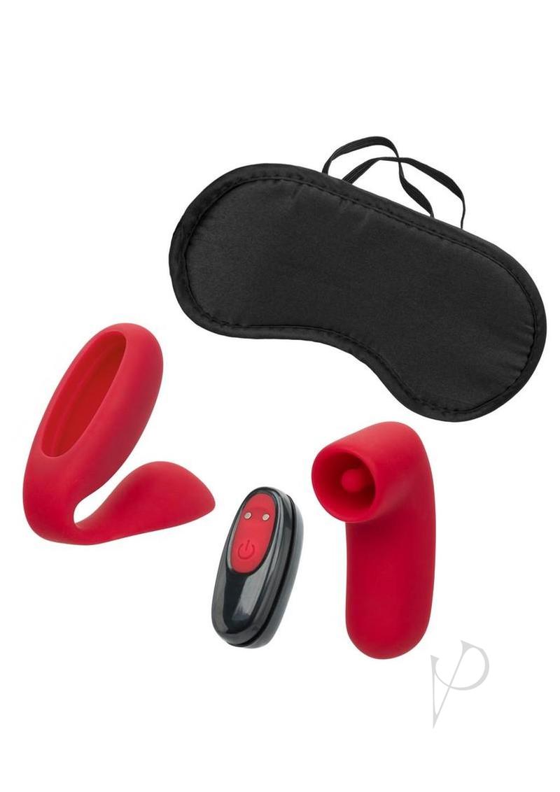 Pleasure Kits Lust Collection Bullet Vibrator Kit with bullet, panty teaser, stimulator, and eye mask.