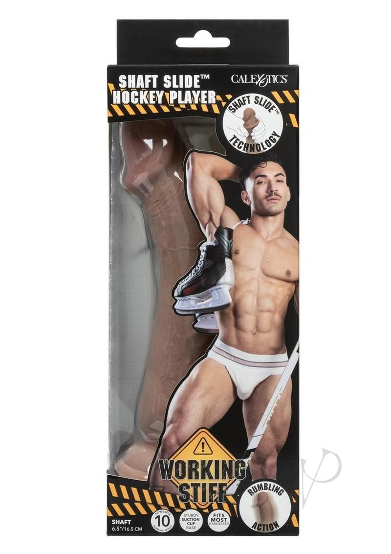 Working Stiff Shaft Slide Hockey Player Vibrating Dildo in packaging showcasing design and features.
