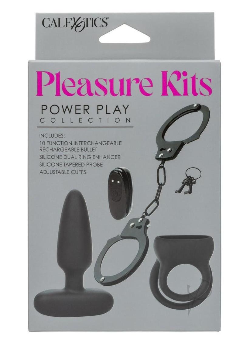 Pleasure Kits Power Play Collection Vibrator Kit Black packaging showcasing its components and features.