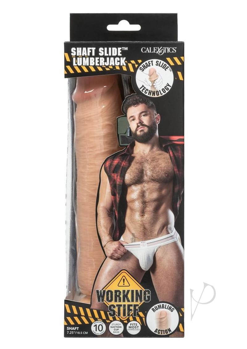 Working Stiff Shaft Slide Lumberjack Vibrating Dildo Vanilla packaging with model and product details.