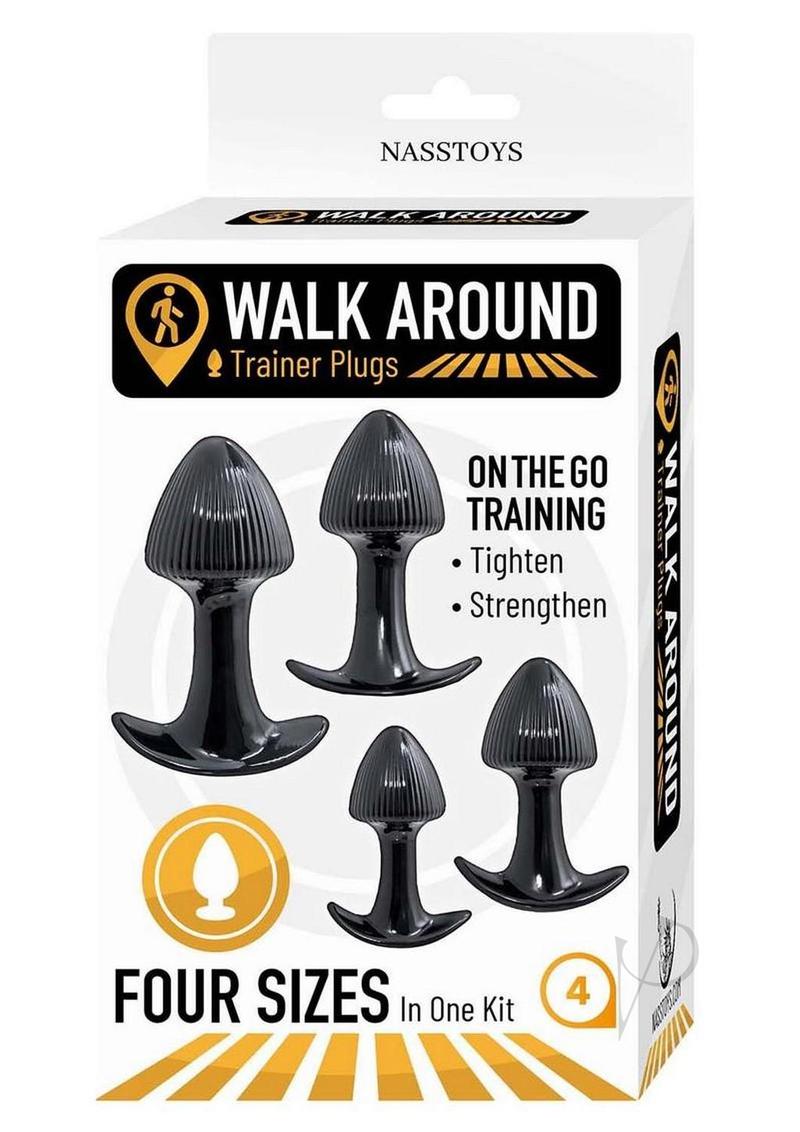 Walk Around Trainer Plugs 4 Pack Black packaging featuring four sizes of anal training plugs for comfortable exploration.