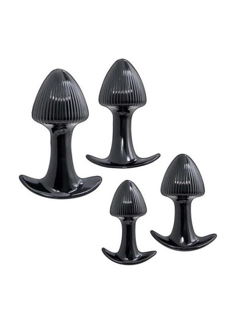 Walk Around Trainer Plugs 4 Pack Black featuring four different-sized black anal trainer plugs with tapered tips.