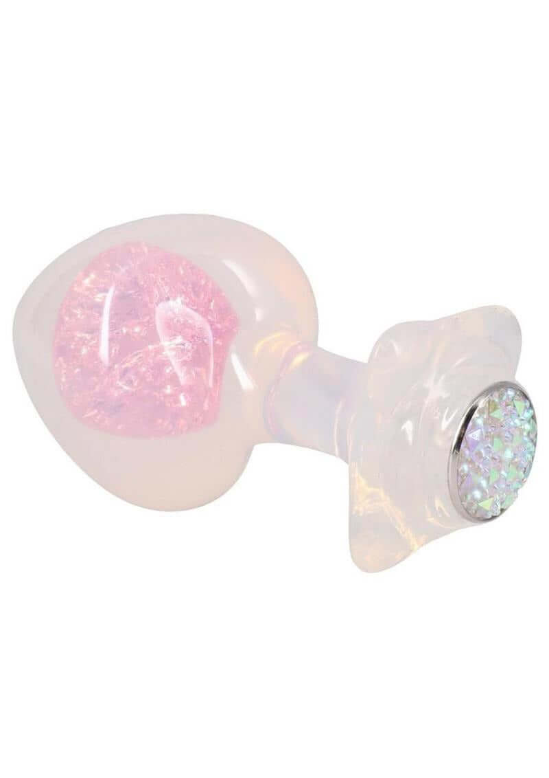 Booty Bling Jeweled Silicone Anal Plug Large Clear with a sparkling crystal base and pink glitter.