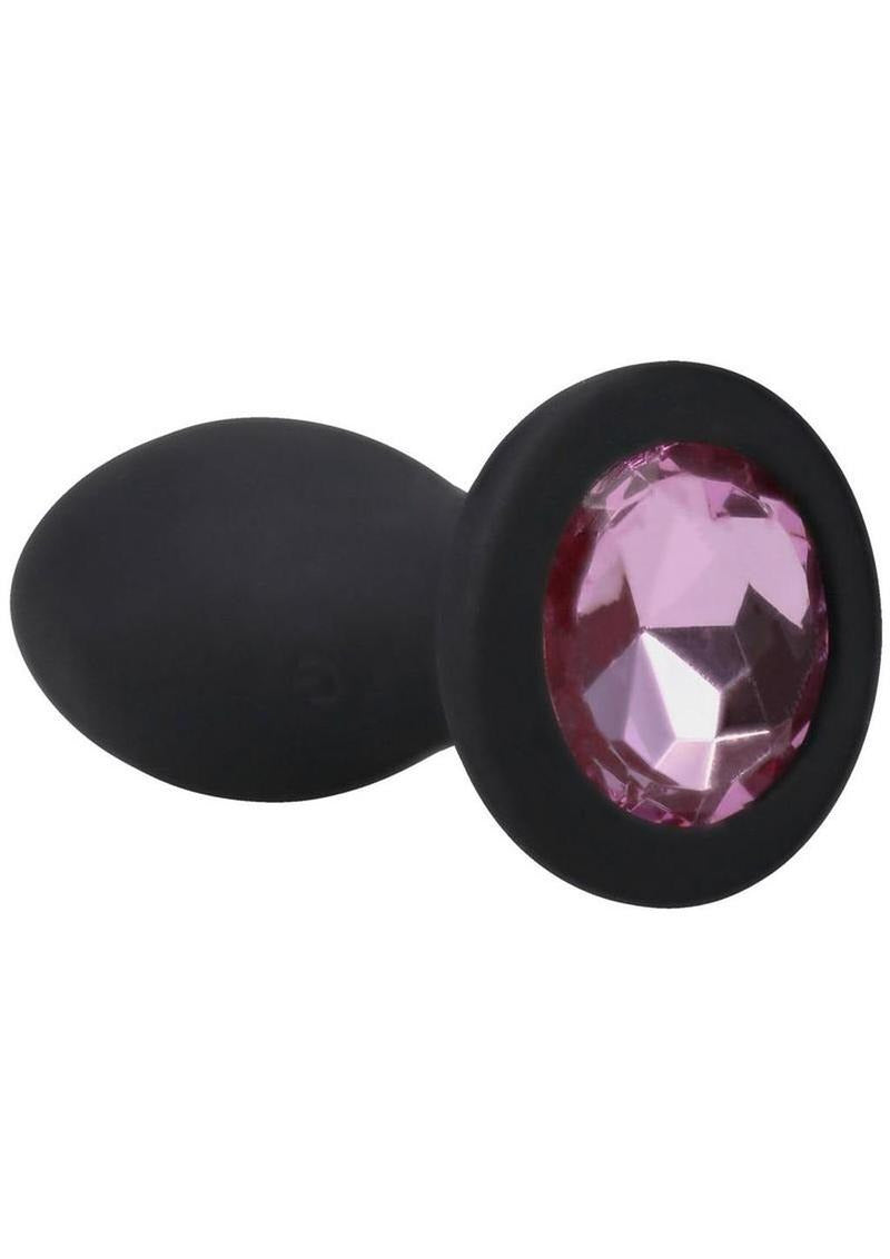 Booty Bling Jeweled Wearable Vibrating Silicone Plug 3 inch Pink with a sparkling jeweled base in black silicone.