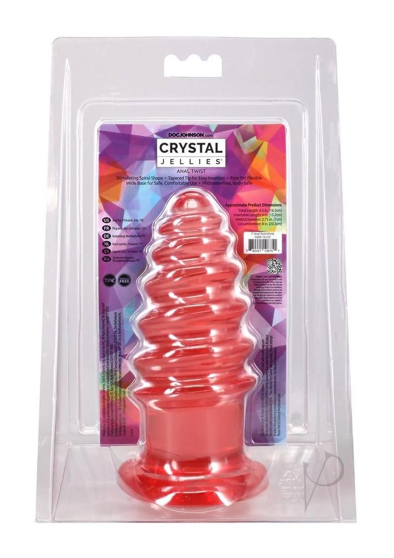 Crystal Jellies Anal Twist Plug 7 inches Pink in packaging showcasing its design and vibrant color.