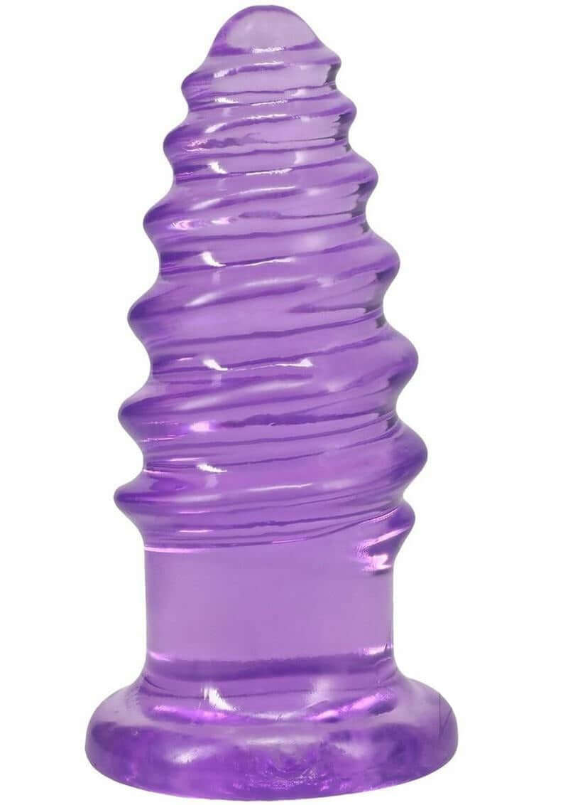 Crystal Jellies Anal Twist Plug 6 inches Purple showcasing its sculpted ridges for enhanced stimulation.