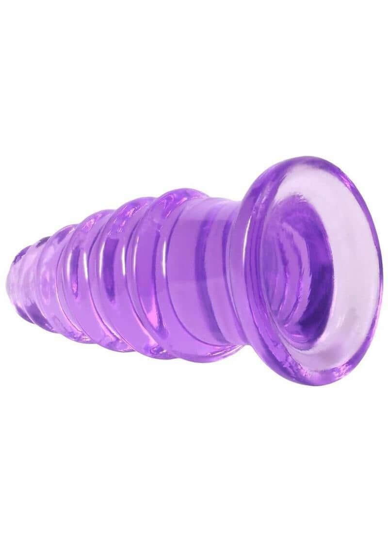 Crystal Jellies Anal Twist Plug 6 inches Purple close-up showing ridged design and flared base for comfortable use.
