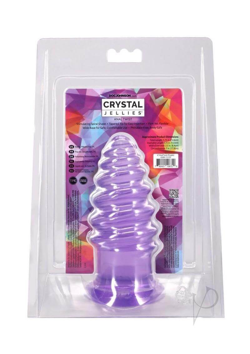 Crystal Jellies Anal Twist Plug 6 inches Purple in packaging with colorful design and informative back.
