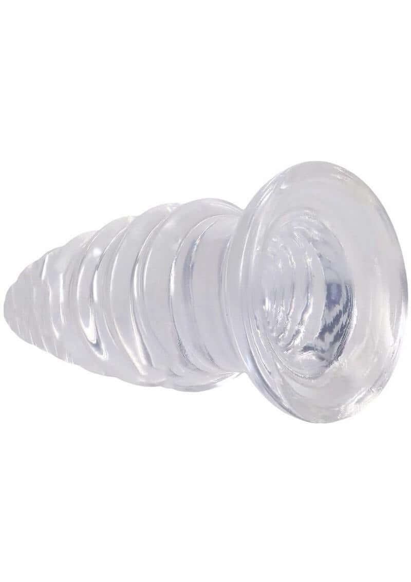 Crystal Jellies Anal Twist Plug 7 inches Clear showcasing ridged design and flared base for enhanced pleasure.