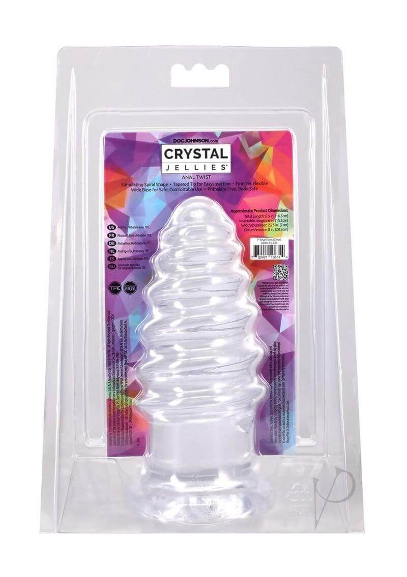 Crystal Jellies Anal Twist Plug 7 inches Clear packaged product featuring sculpted ridges for stimulation.