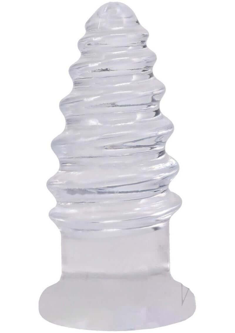 Crystal Jellies Anal Twist Plug 6 inches Clear showcasing sculpted ridges for enhanced stimulation.