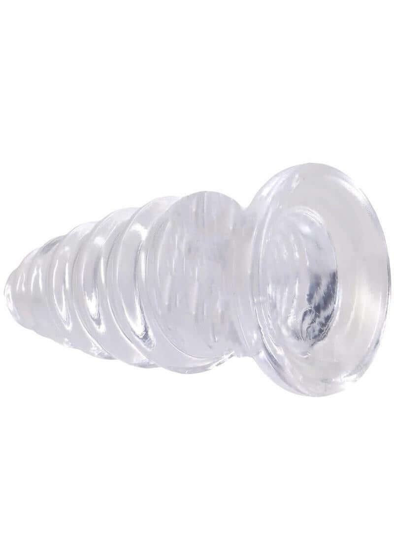 Crystal Jellies Anal Twist Plug 6 inches Clear featuring sculpted ridges and a flared base.