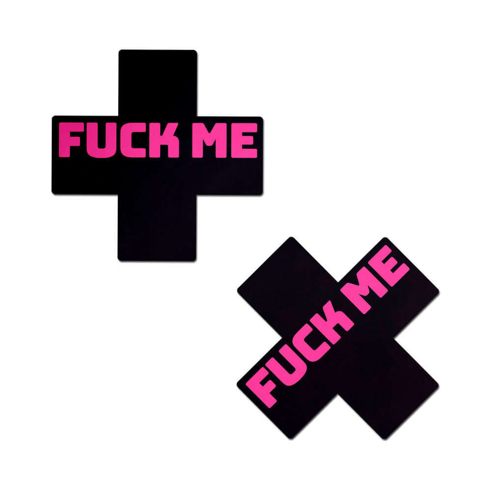 Pastease Fuck Me Crosses Pasties Black Pink featuring bold cross shape and bright pink text.