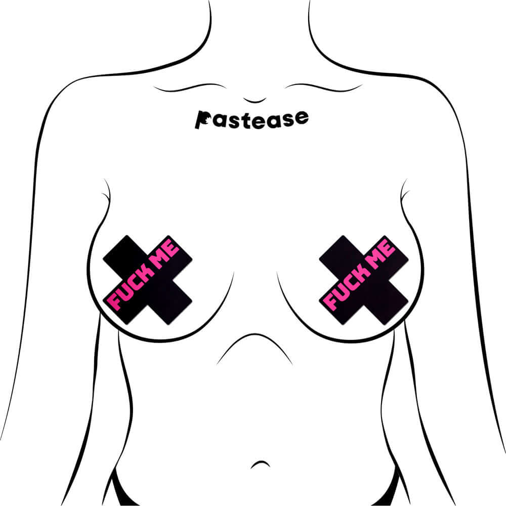Pastease Fuck Me Crosses Pasties Black Pink displayed on a bodysuit outline for trendy fashion and secure coverage.