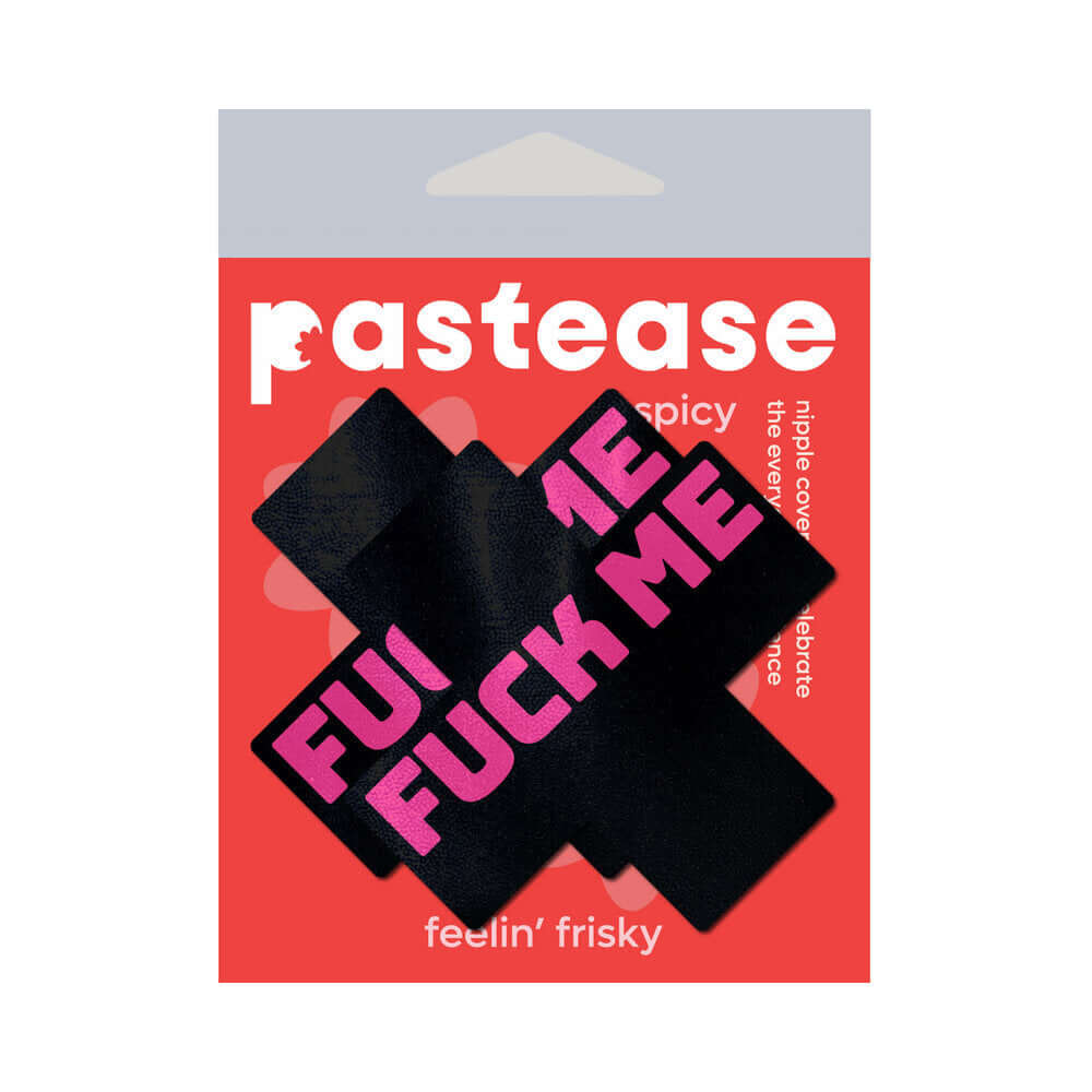 Pastease Fuck Me Crosses Pasties Black Pink packaging with bold text and cross design.