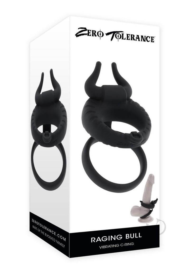 Zero Tolerance Raging Bull Silicone Dual Cock Ring Black packaging displaying the dual-ring design and playful bull-horn ticklers.