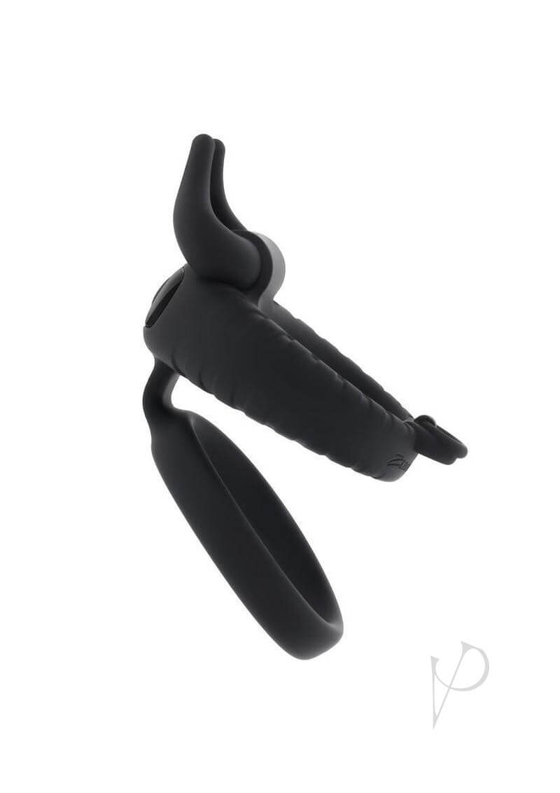 Zero Tolerance Raging Bull Silicone Dual Cock Ring Black side view showcasing its dual rings and bull-horn ticklers.