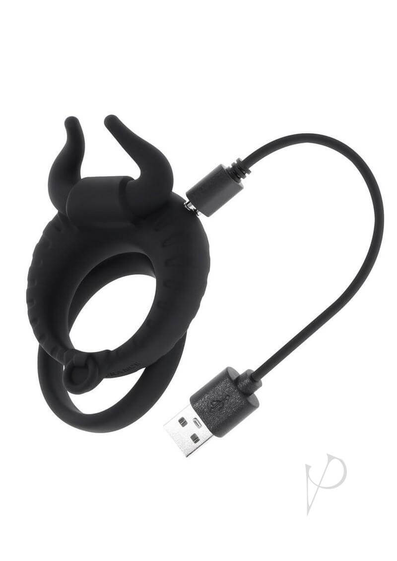 Zero Tolerance Raging Bull Silicone Dual Cock Ring Black with bull-horn ticklers and USB charging cable.
