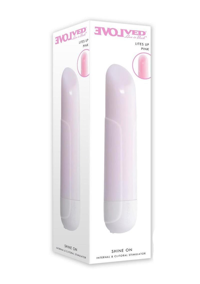 Shine On Light-Up Rechargeable Bullet White Pink packaged, featuring a sleek design and soft pink illumination.