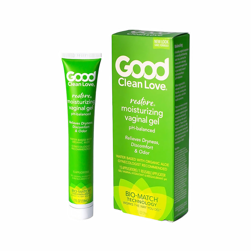 Good Clean Love Restore Moisturizing Vaginal Gel 2 Oz packaging and tube, pH-balanced formula for dryness relief.