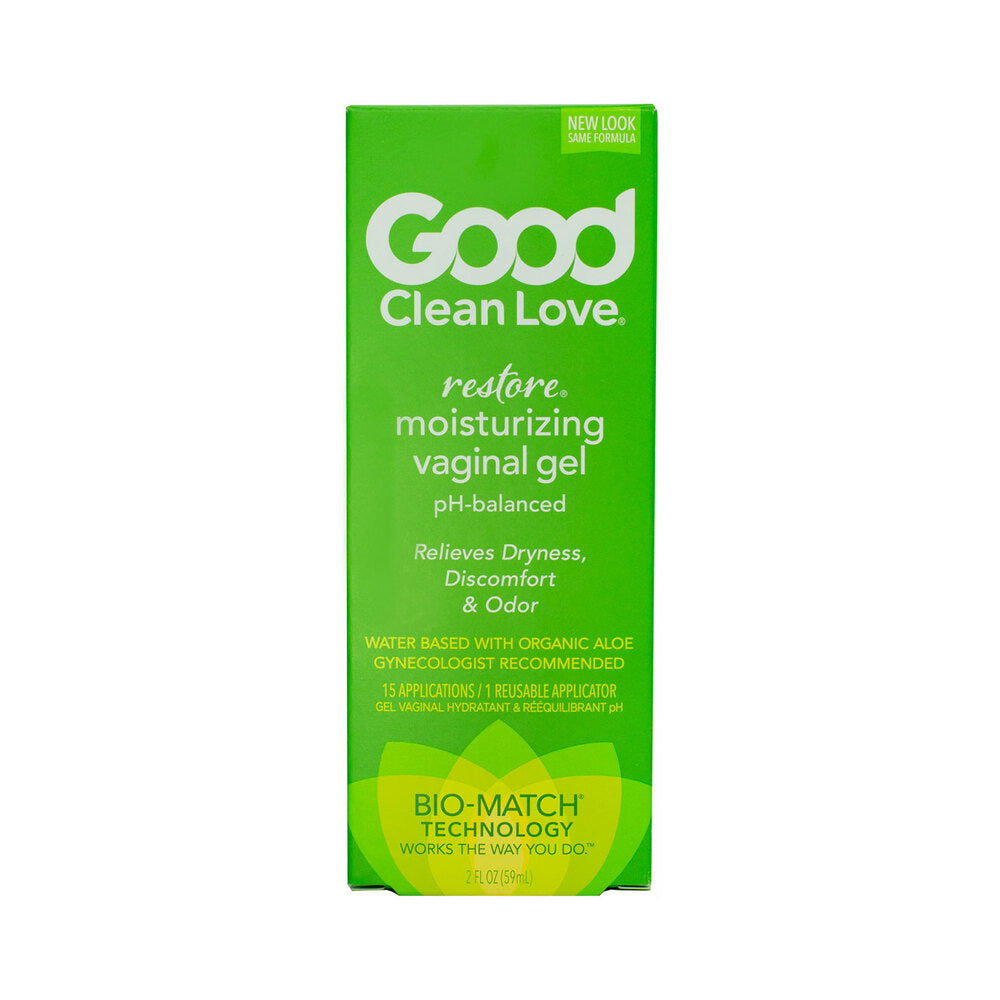 Good Clean Love Restore Moisturizing Vaginal Gel 2 Oz packaging with green design, highlighting pH balance and calming properties.