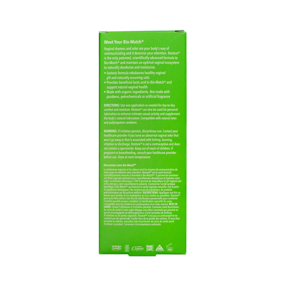 Good Clean Love Restore Moisturizing Vaginal Gel 2 Oz product instructions and usage information on green packaging.