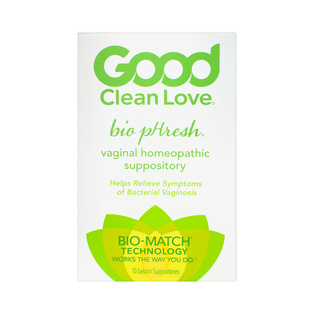 Good Clean Love BiopHresh Vaginal Homeopathic Suppository 10-Pack packaging for natural vaginal balance support.