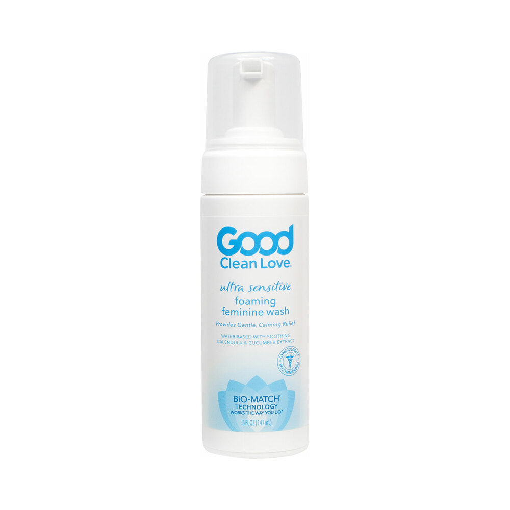 Good Clean Love Ultra Sensitive Foaming Feminine Wash 5 Oz bottle with calming extracts for gentle relief.