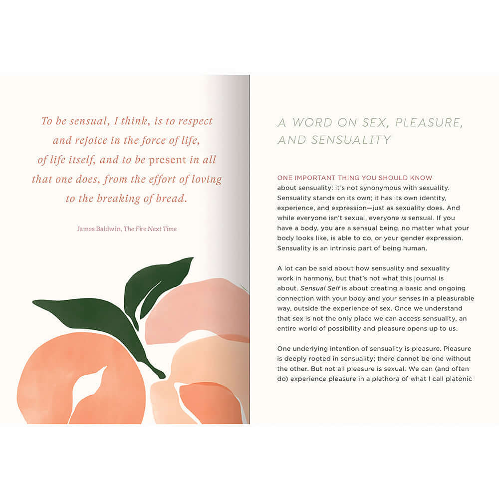 Image of a page from the journal 'Sensual Self Prompts and Practices for Getting In Touch with Your Body' featuring quotes and illustrations.