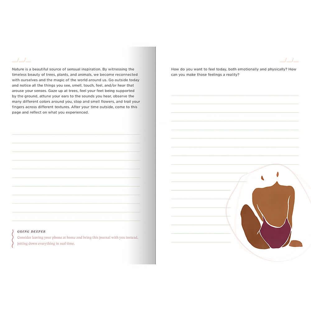 Sensual Self Prompts and Practices for Getting In Touch with Your Body journal pages with prompts for self-exploration.