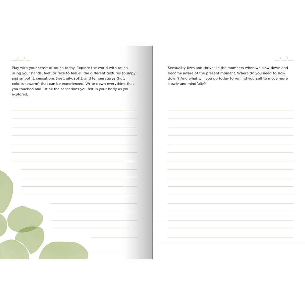 Sensual Self Prompts and Practices for Getting In Touch with Your Body guided journal pages for sensory exploration.