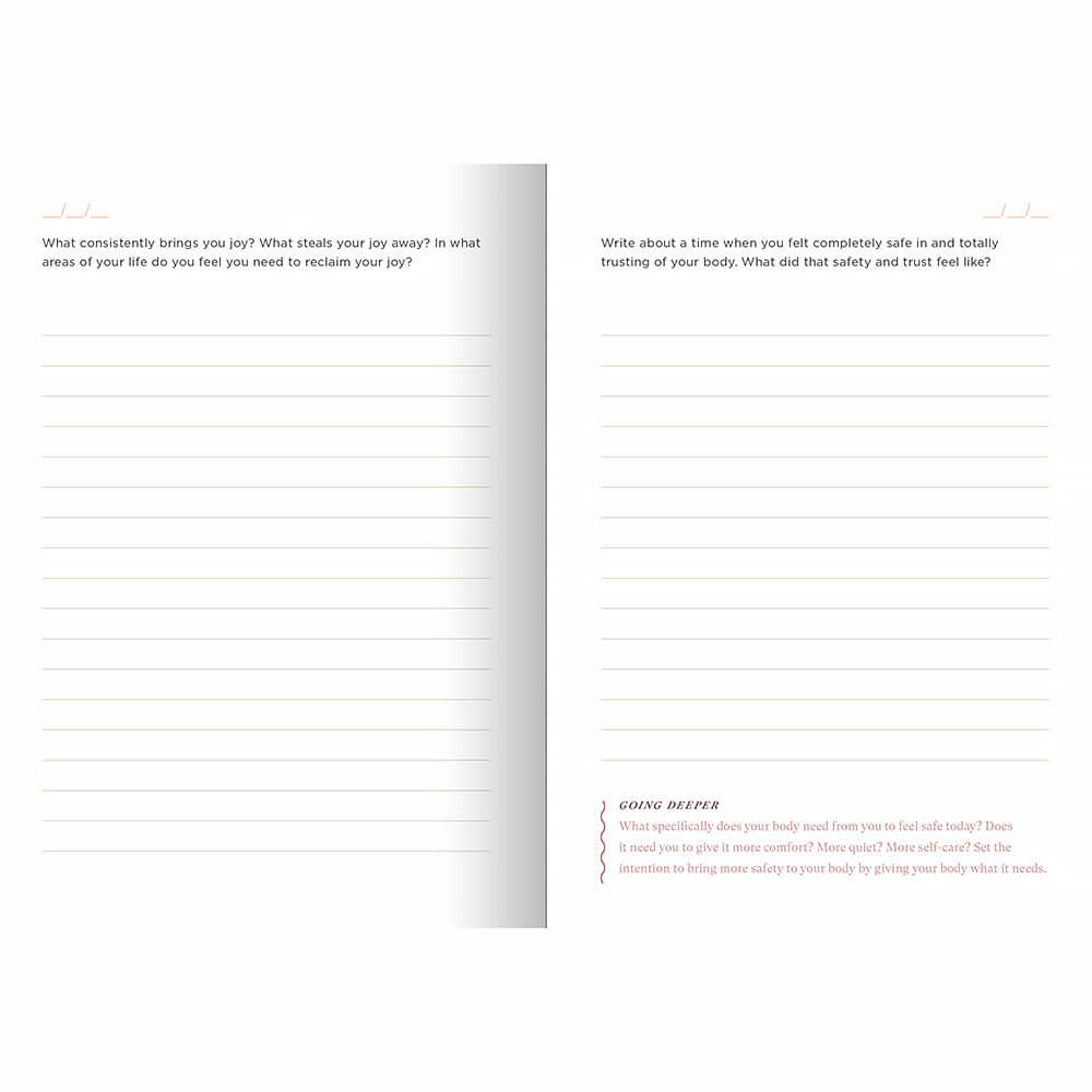 Sensual Self Prompts and Practices for Getting In Touch with Your Body guided journal open pages with writing prompts