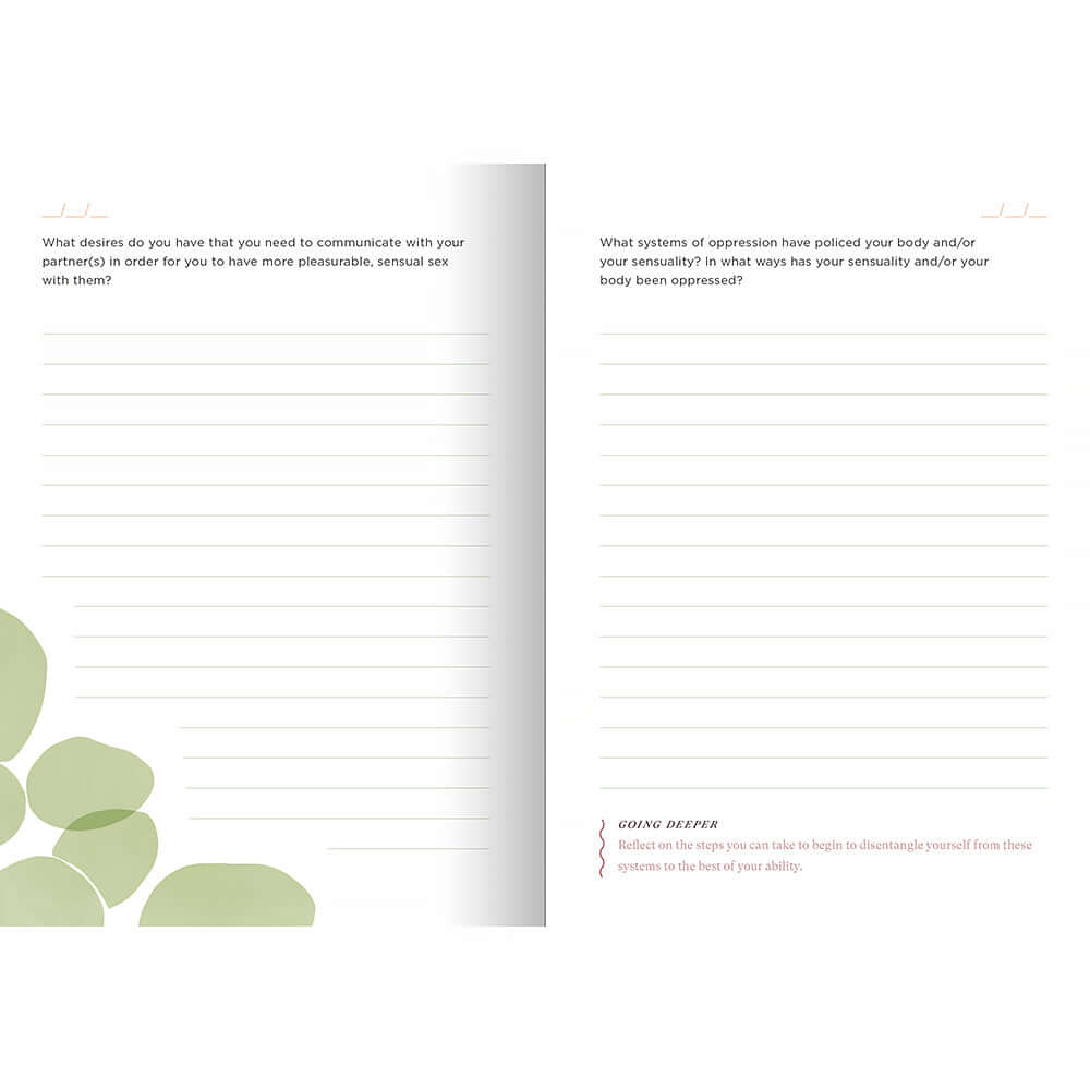 Sensual Self Prompts and Practices for Getting In Touch with Your Body guided journal prompts and practices pages.